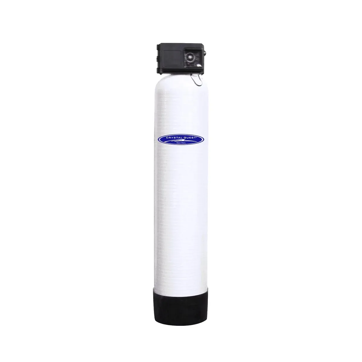 A photograph of a vertical, cylindrical water filtration system from Crystal Quest, designed for automatic metal removal, shown on a white background.