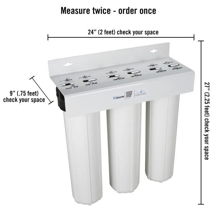 An image of a Home Master three-stage whole house water filter system with measurements indicated for installation space requirements.