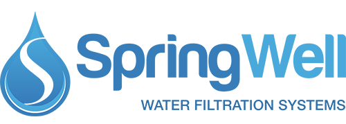 The Springwell Water Filtration Systems company logo, featuring a blue water droplet and a stylized wave design.