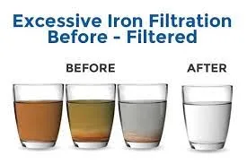 An illustrative image showing the comparison of water clarity in glasses labeled 'before' and 'after' excessive iron filtration, indicating a significant improvement from brown to clear water.