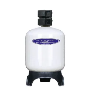 A photograph of a larger capacity 200 Gallon per minute automatic metal removal water filtration system by Crystal Quest, featuring a cylindrical white tank with a control unit on top, set against a white background.