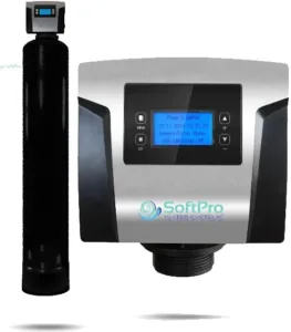 A close-up of a SoftPro water filtration system featuring a digital control panel with a black cylindrical tank.