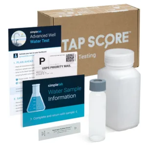 A water testing kit packaging by SimpleLab with components displayed, including a box, water sample bottle, and informational cards.