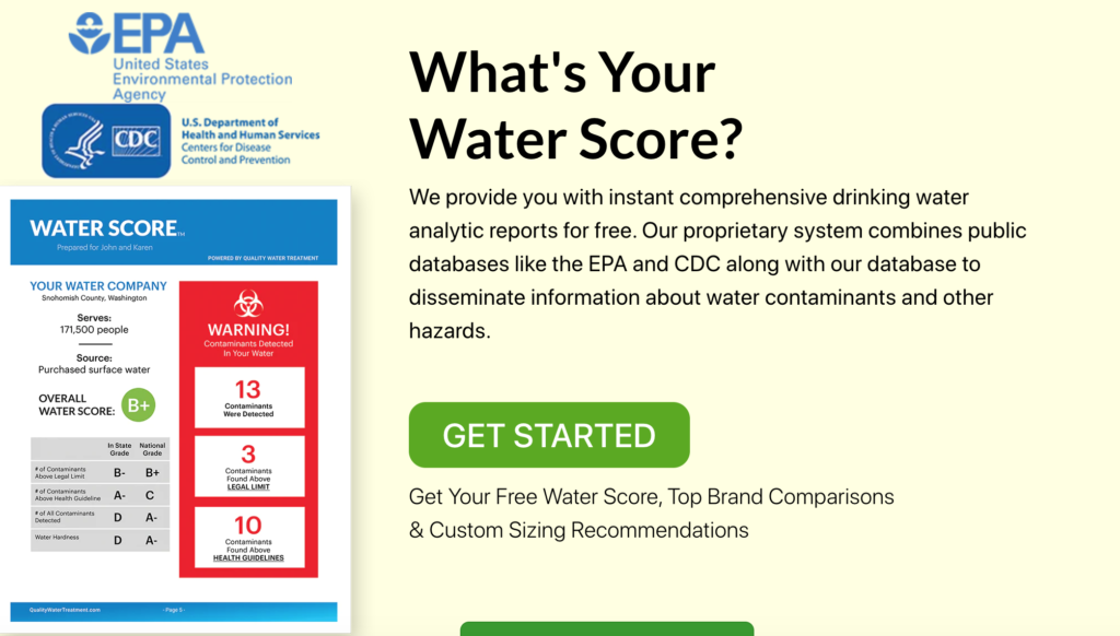 The image displays an advertisement for a water quality assessment service, offering a "Water Score" based on EPA and CDC data, evaluating contaminants with an overall grade. The graphic encourages viewers to start their free analysis and receive recommendations.