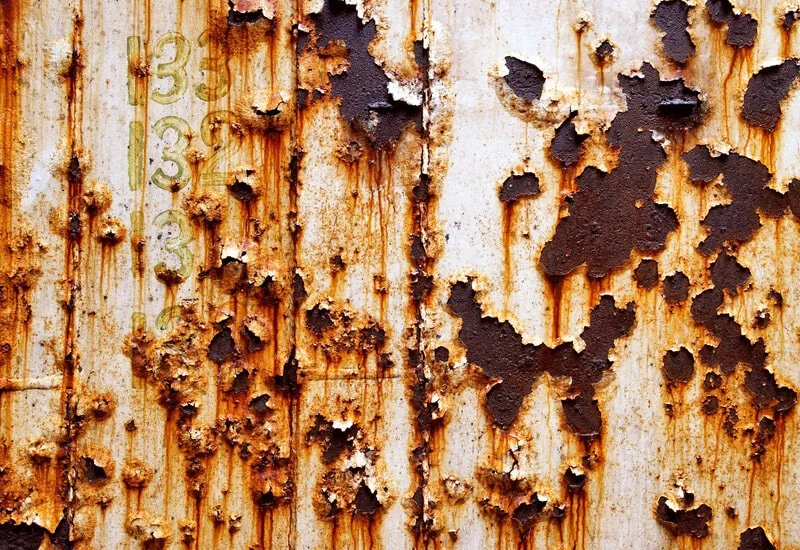 This photograph captures a grunge background of a rusted metal surface. The rust has formed patterns with a mix of brown and orange tones, and there are remnants of paint creating a contrast with the corroded metal.